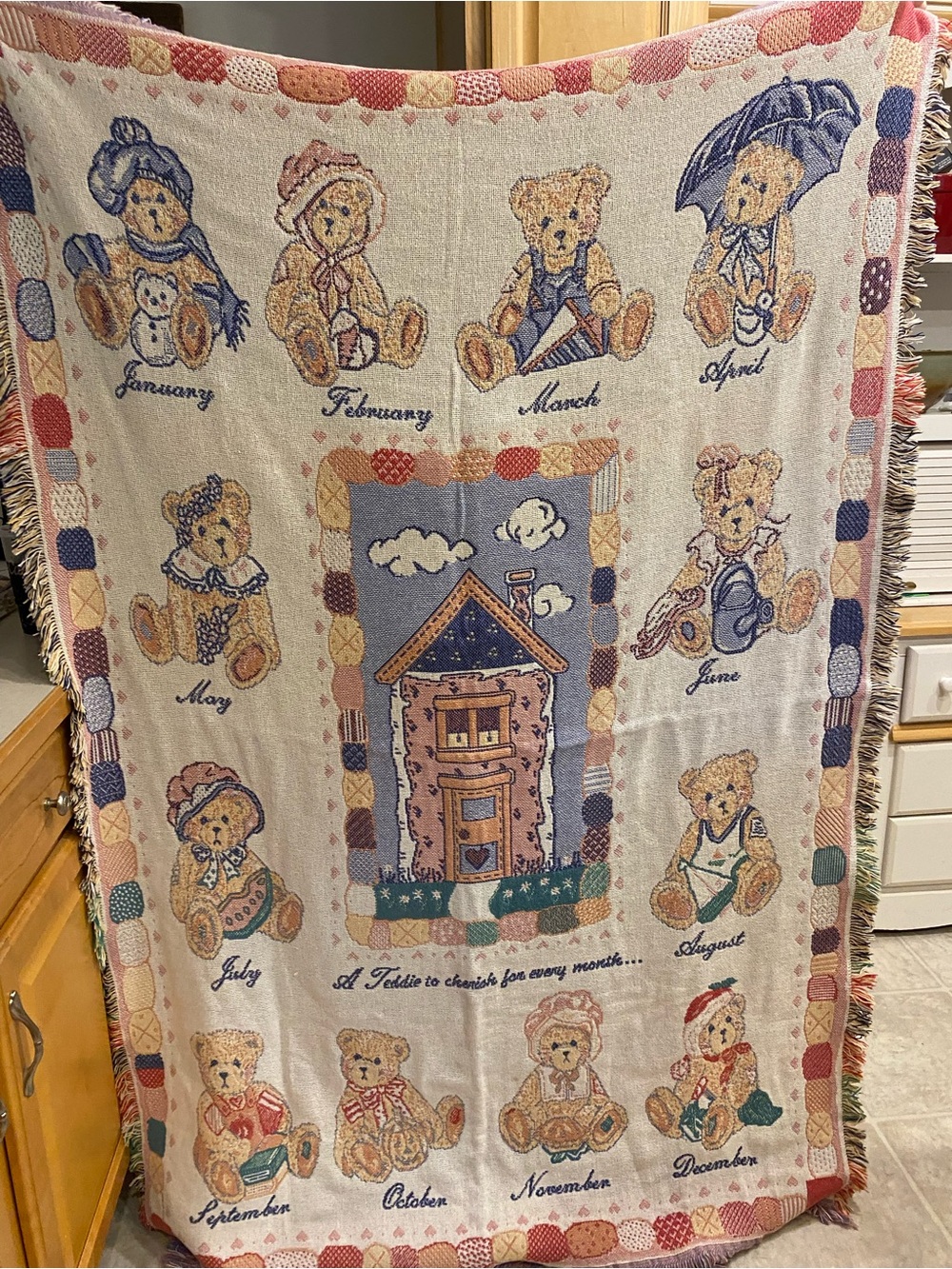 Woven Blanket Throw Bears of The Month Teddy Bear Vintage 47x71 Tapestry Afghan